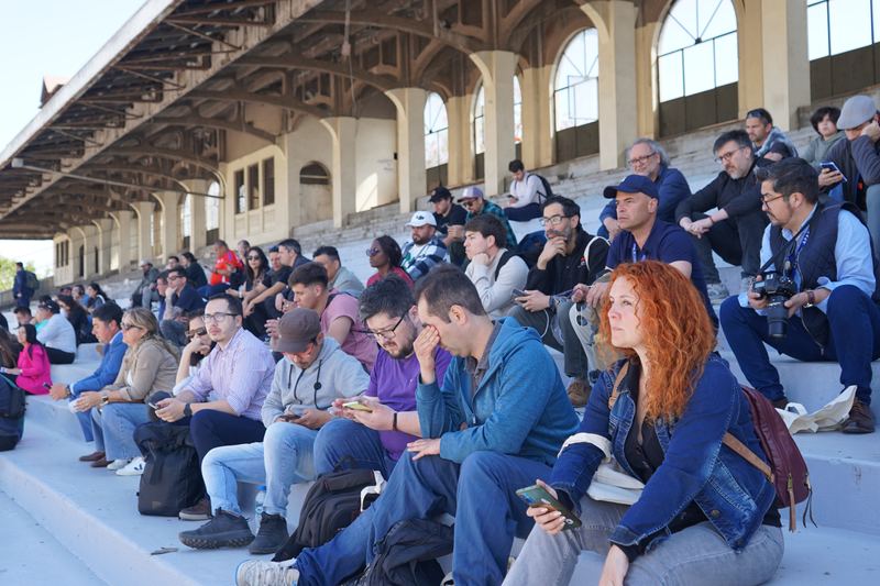 The audience in the grandstand during the demonstrations